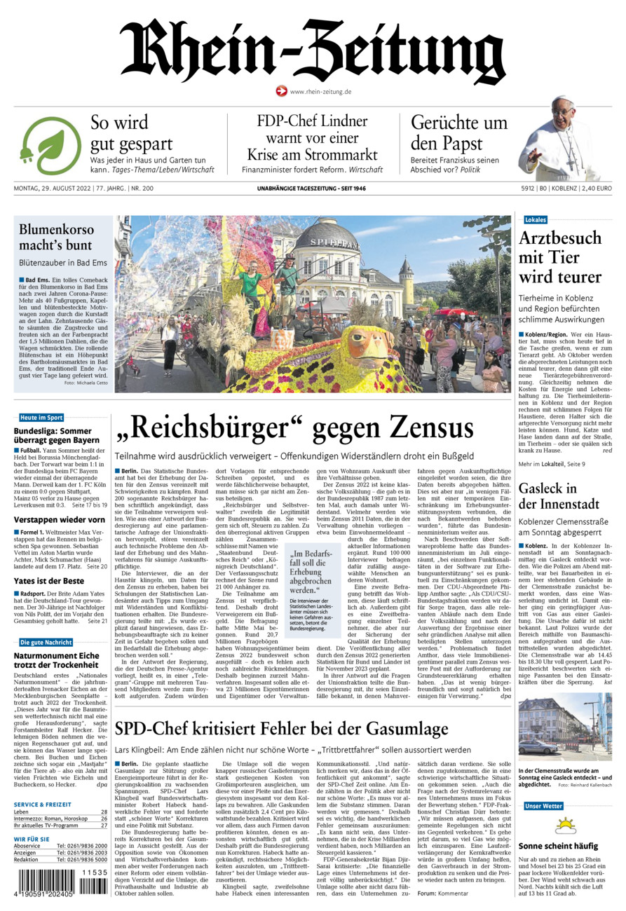 Rhein-Zeitung Koblenz & Region vom Montag, 29.08.2022
