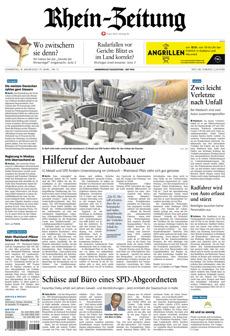 Rhein-Zeitung Koblenz & Region vom Donnerstag, 16.01.2020