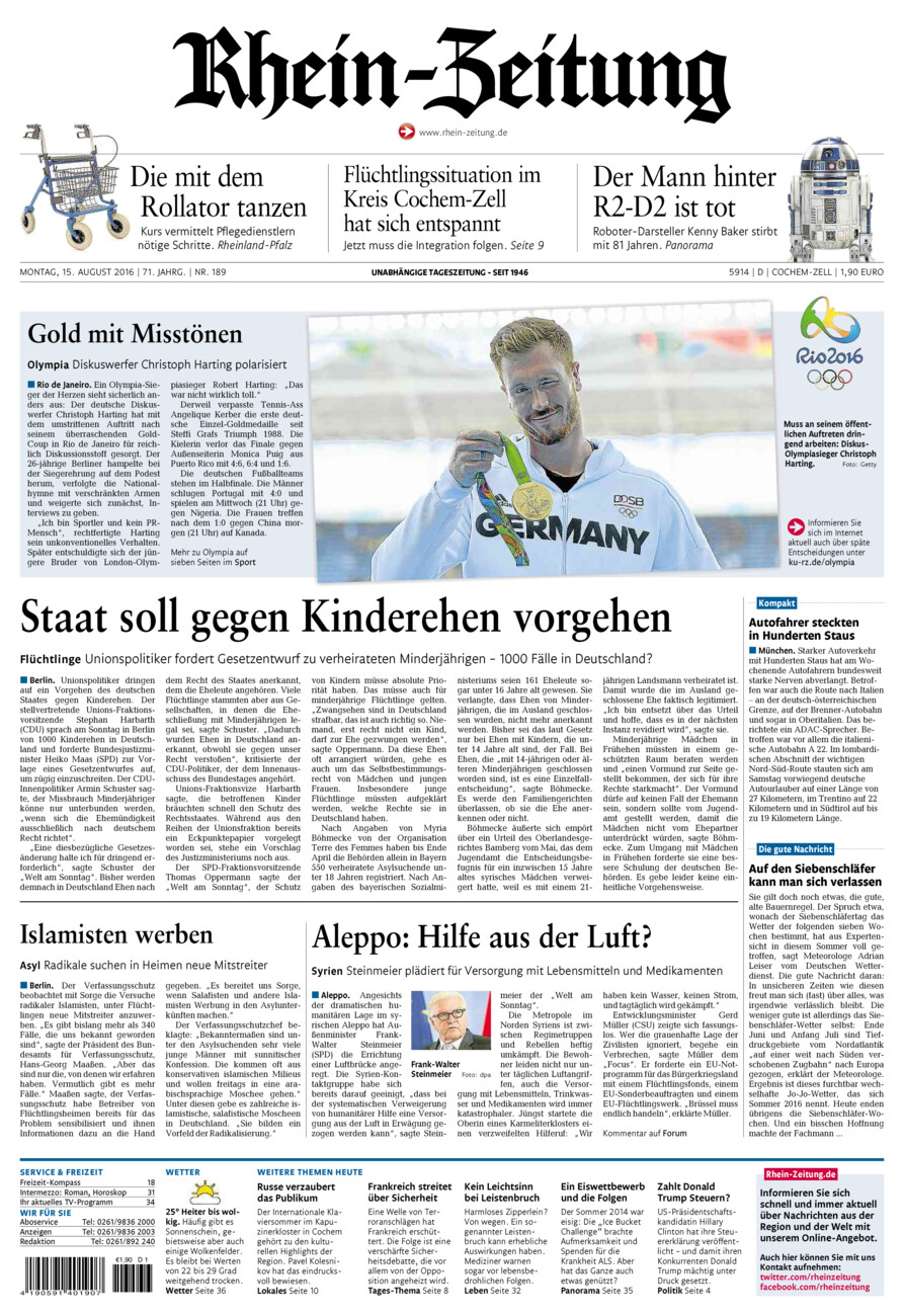 Rhein-Zeitung Kreis Cochem-Zell vom Montag, 15.08.2016