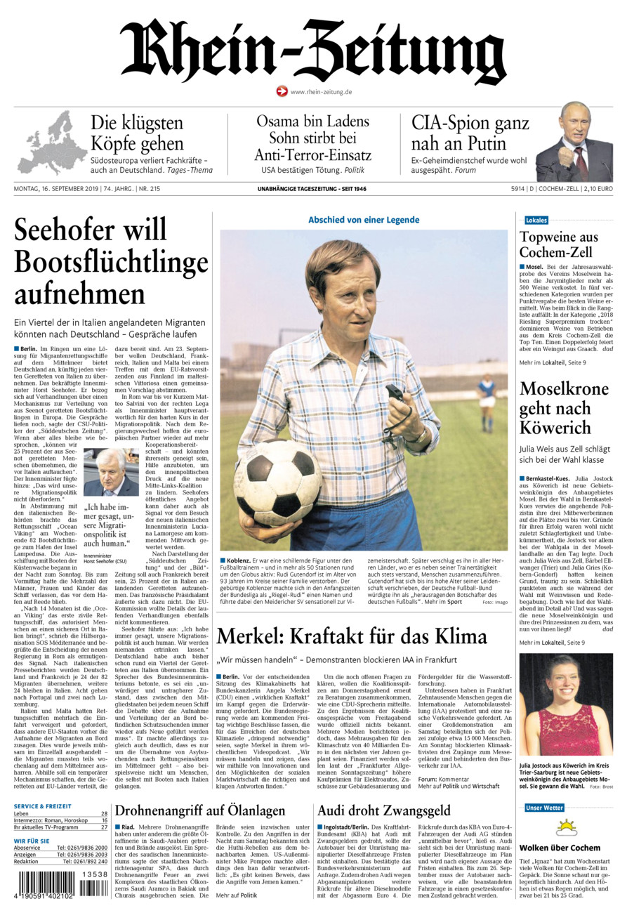 Rhein-Zeitung Kreis Cochem-Zell vom Montag, 16.09.2019