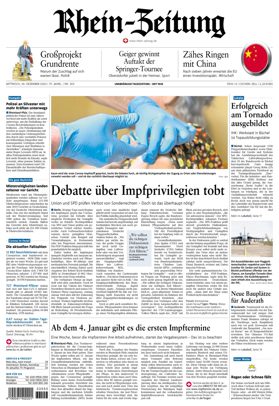 Rhein-Zeitung Kreis Cochem-Zell vom Mittwoch, 30.12.2020