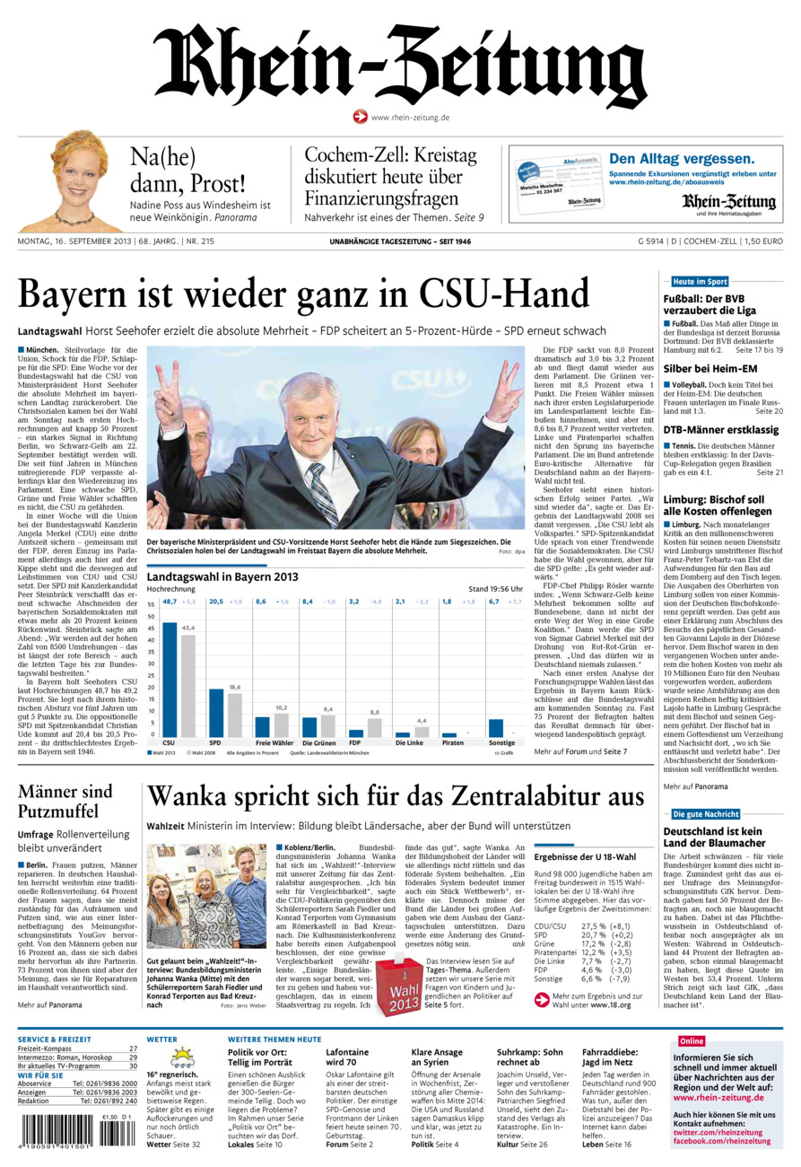 Rhein-Zeitung Kreis Cochem-Zell vom Montag, 16.09.2013