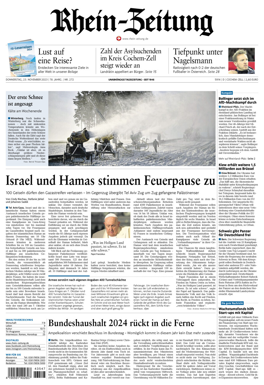 Rhein-Zeitung Kreis Cochem-Zell vom Donnerstag, 23.11.2023