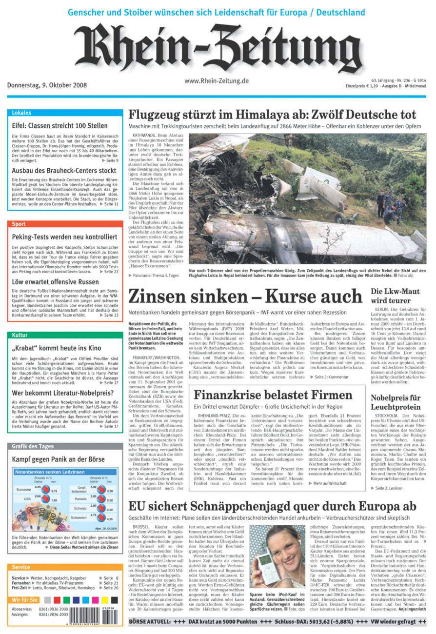 Rhein-Zeitung Kreis Cochem-Zell vom Donnerstag, 09.10.2008