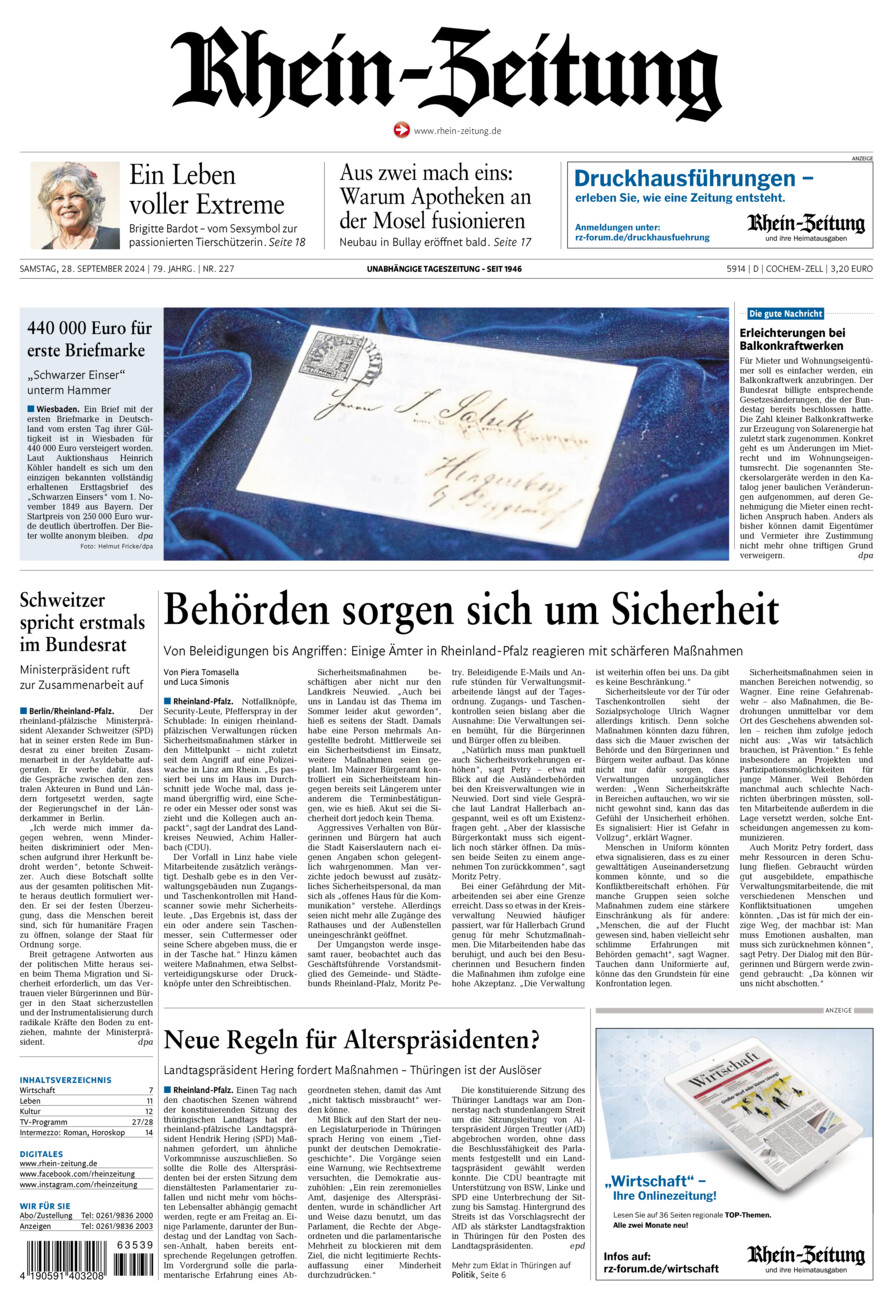 Rhein-Zeitung Kreis Cochem-Zell vom Samstag, 28.09.2024