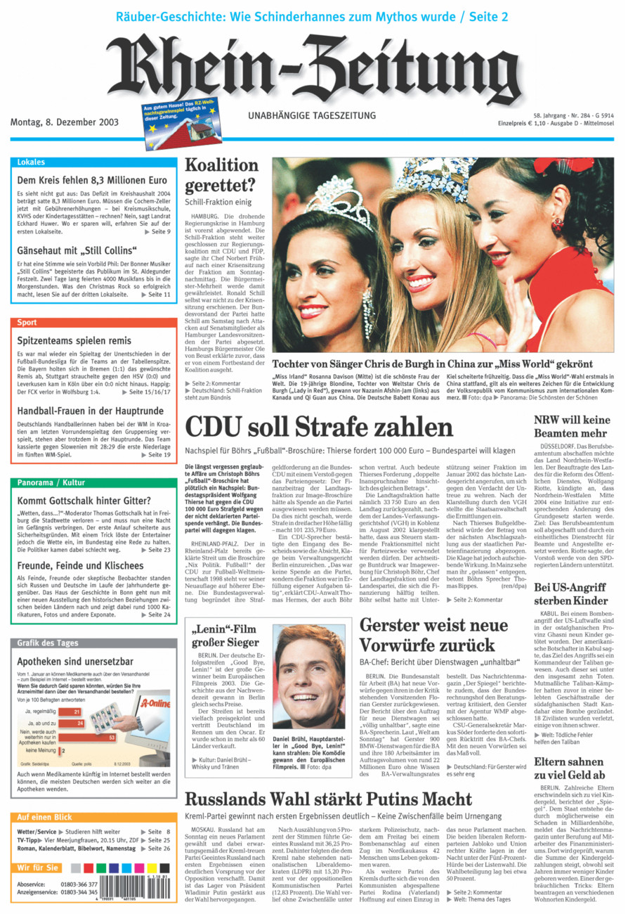 Rhein-Zeitung Kreis Cochem-Zell vom Montag, 08.12.2003