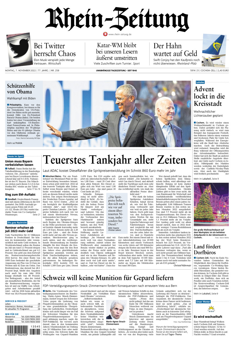Rhein-Zeitung Kreis Cochem-Zell vom Montag, 07.11.2022