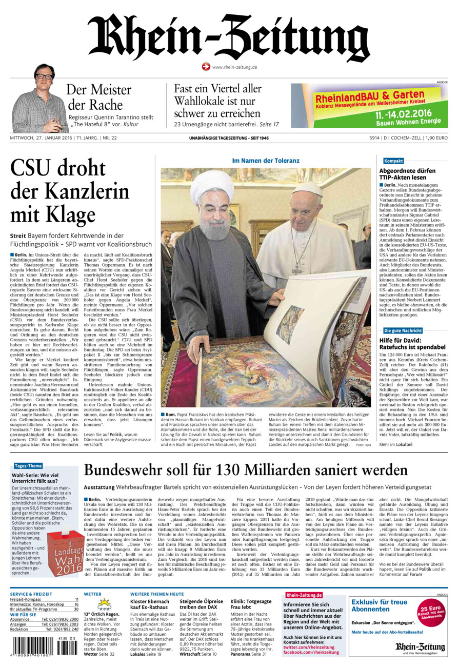 Rhein-Zeitung Kreis Cochem-Zell vom Mittwoch, 27.01.2016