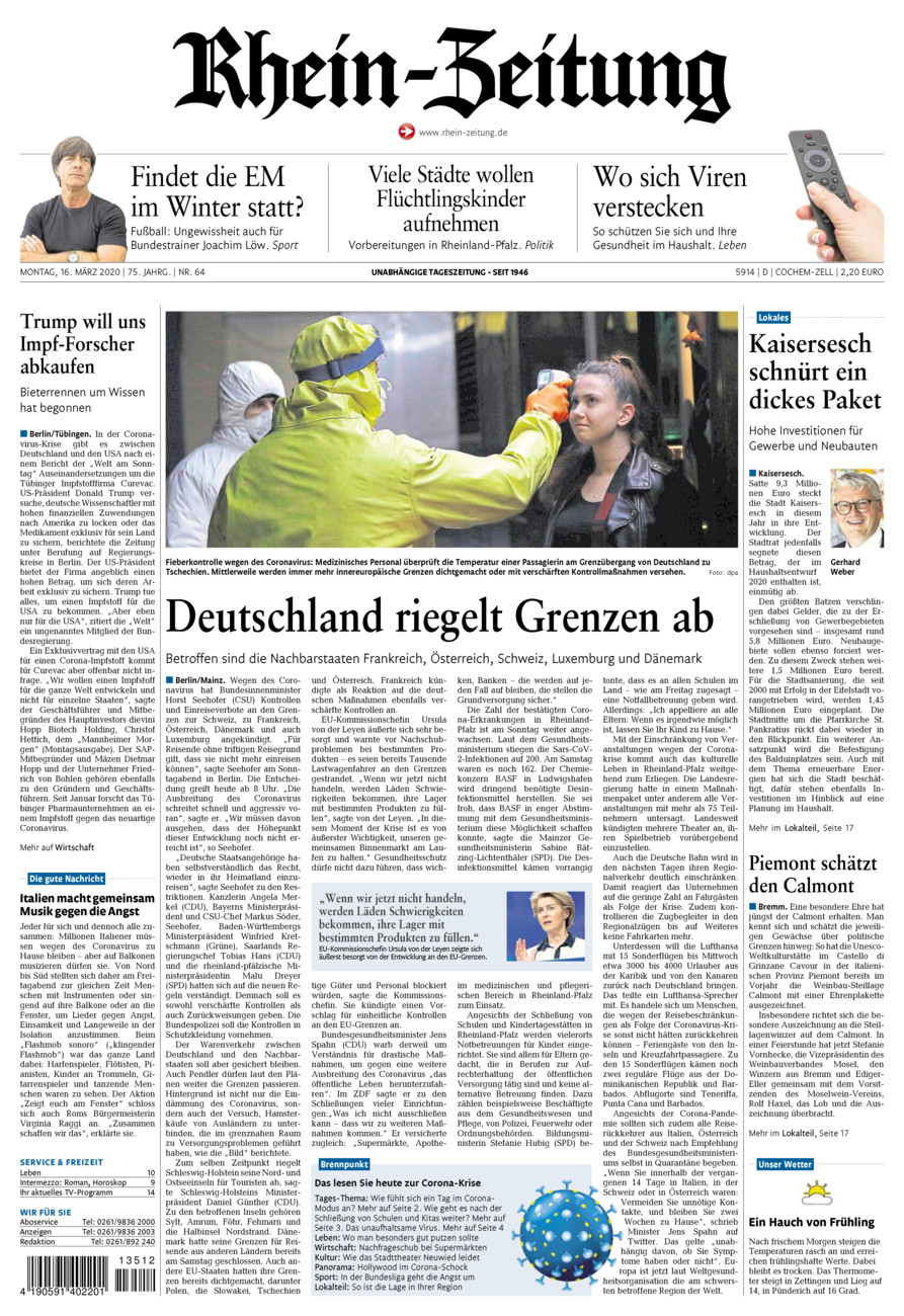 Rhein-Zeitung Kreis Cochem-Zell vom Montag, 16.03.2020