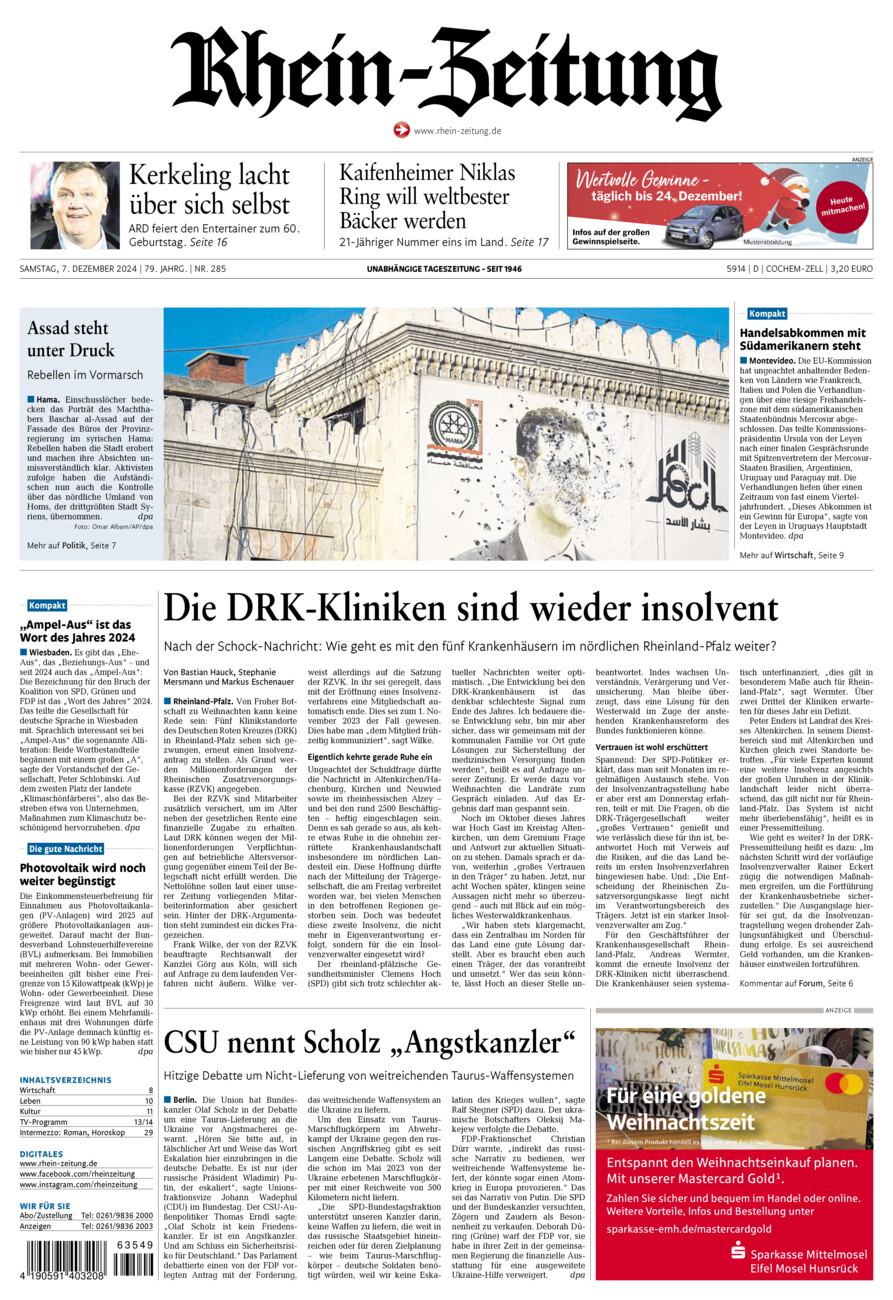 Rhein-Zeitung Kreis Cochem-Zell vom Samstag, 07.12.2024