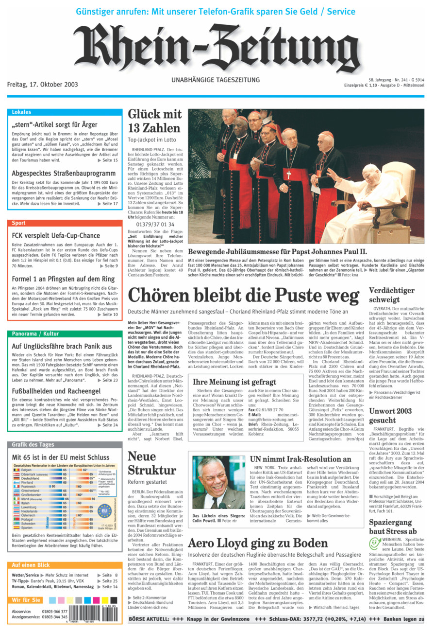 Rhein-Zeitung Kreis Cochem-Zell vom Freitag, 17.10.2003