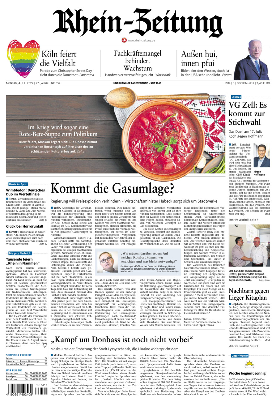 Rhein-Zeitung Kreis Cochem-Zell vom Montag, 04.07.2022