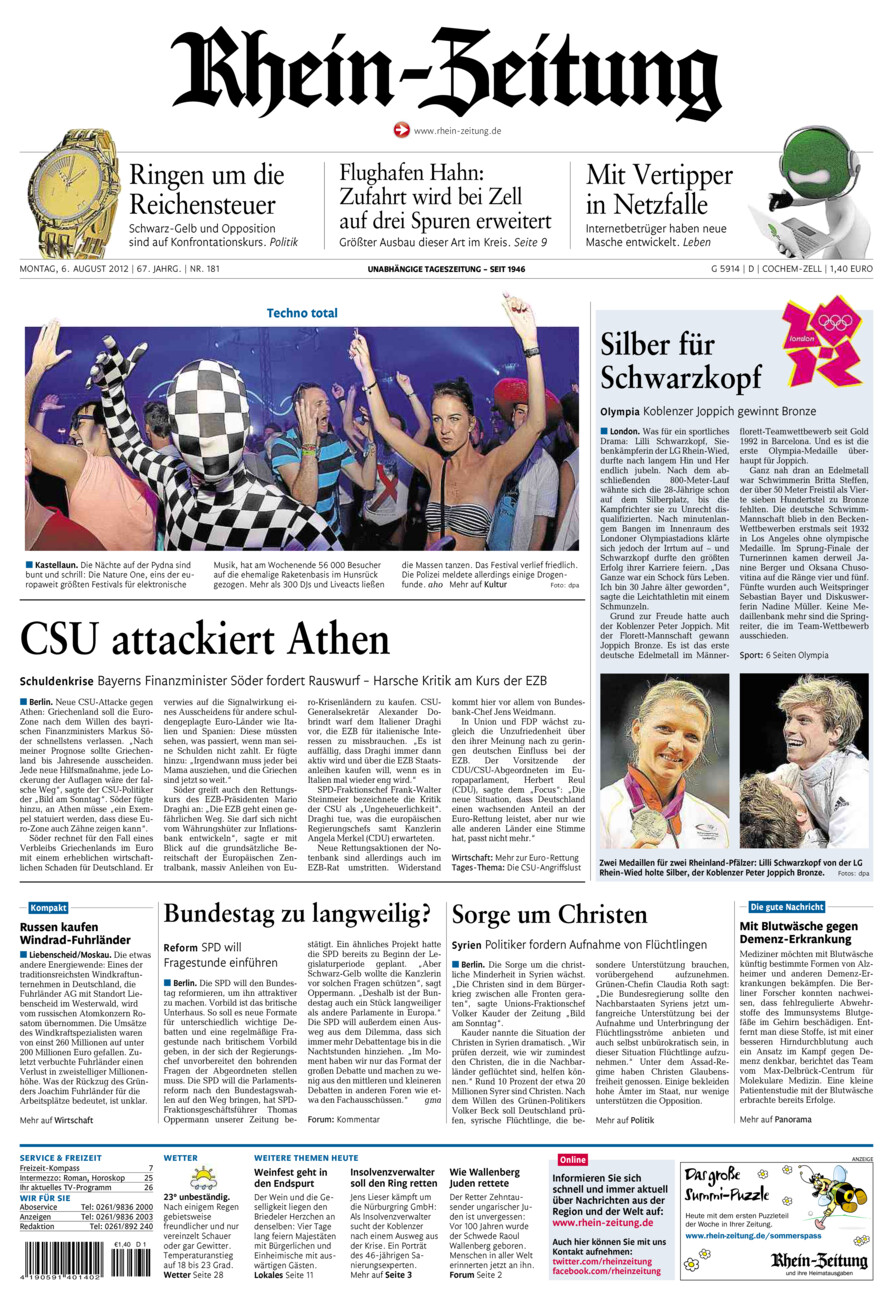 Rhein-Zeitung Kreis Cochem-Zell vom Montag, 06.08.2012