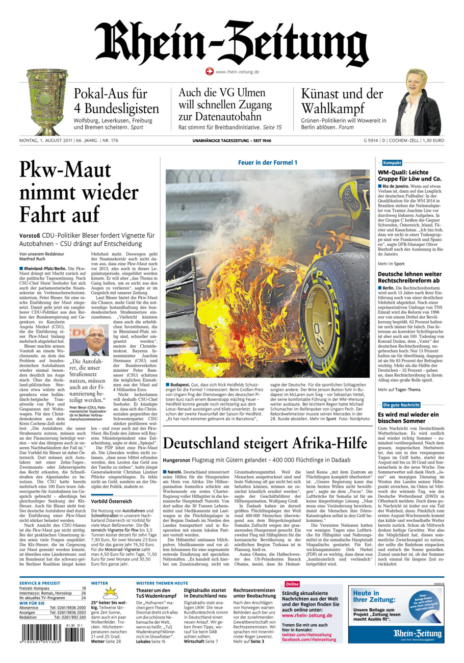 Rhein-Zeitung Kreis Cochem-Zell vom Montag, 01.08.2011