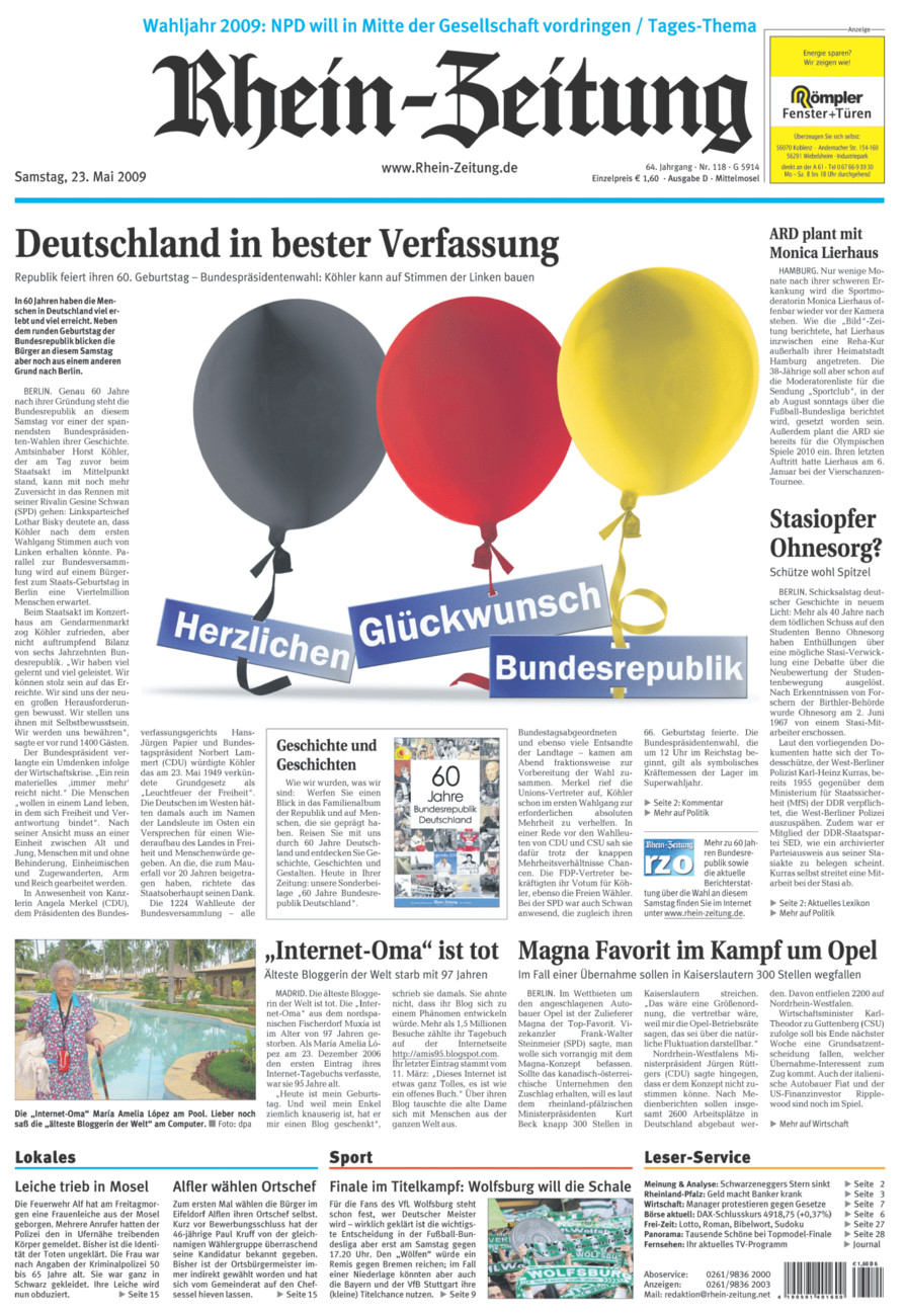 Rhein-Zeitung Kreis Cochem-Zell vom Samstag, 23.05.2009