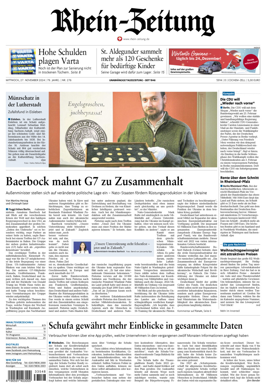 Rhein-Zeitung Kreis Cochem-Zell vom Mittwoch, 27.11.2024