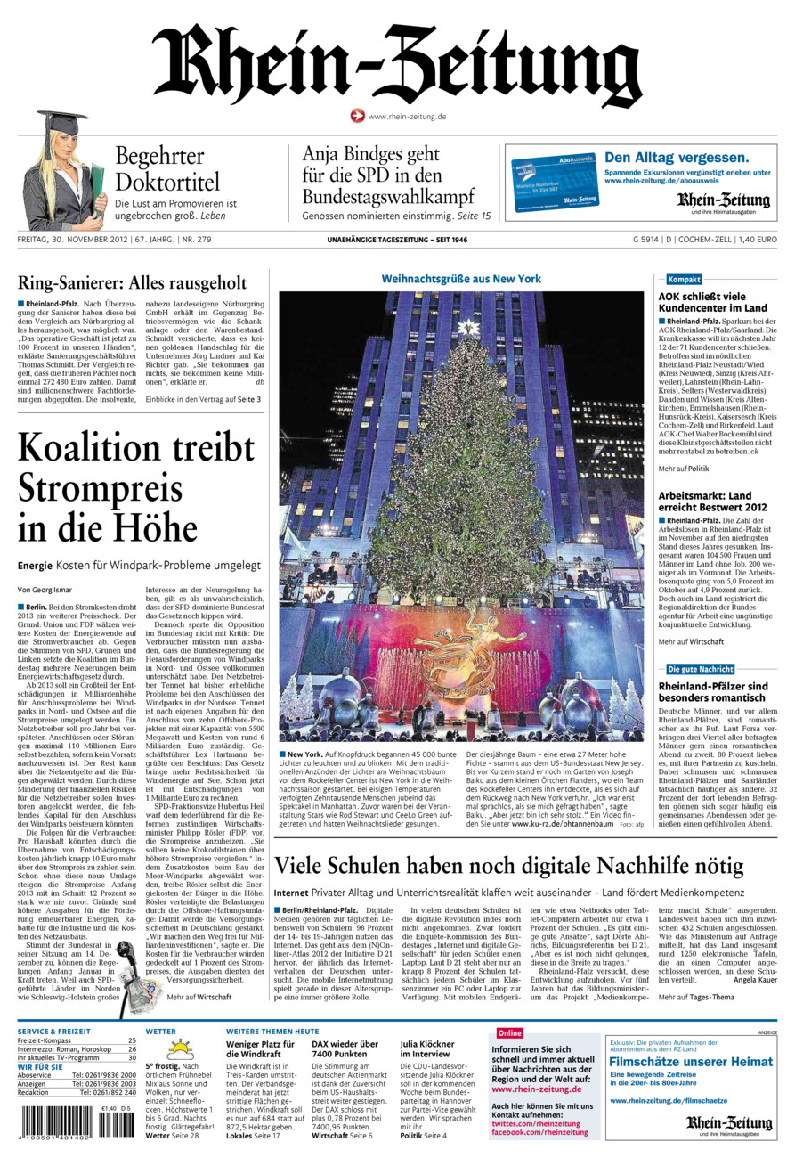 Rhein-Zeitung Kreis Cochem-Zell vom Freitag, 30.11.2012