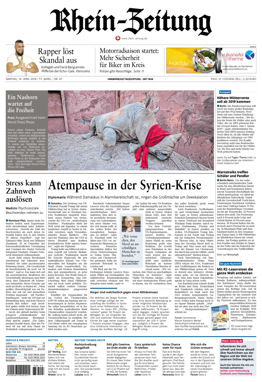 Rhein-Zeitung Kreis Cochem-Zell vom Samstag, 14.04.2018