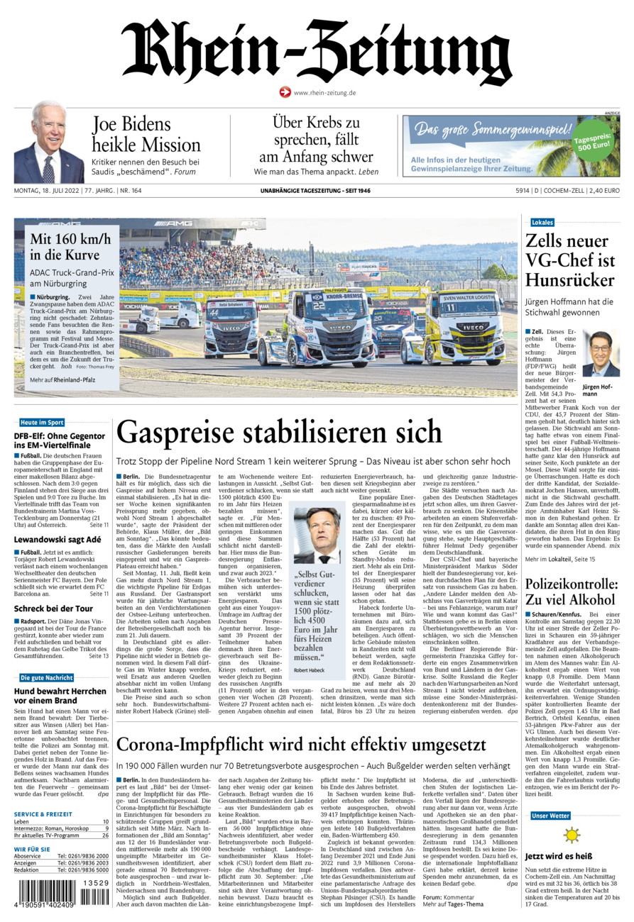 Rhein-Zeitung Kreis Cochem-Zell vom Montag, 18.07.2022