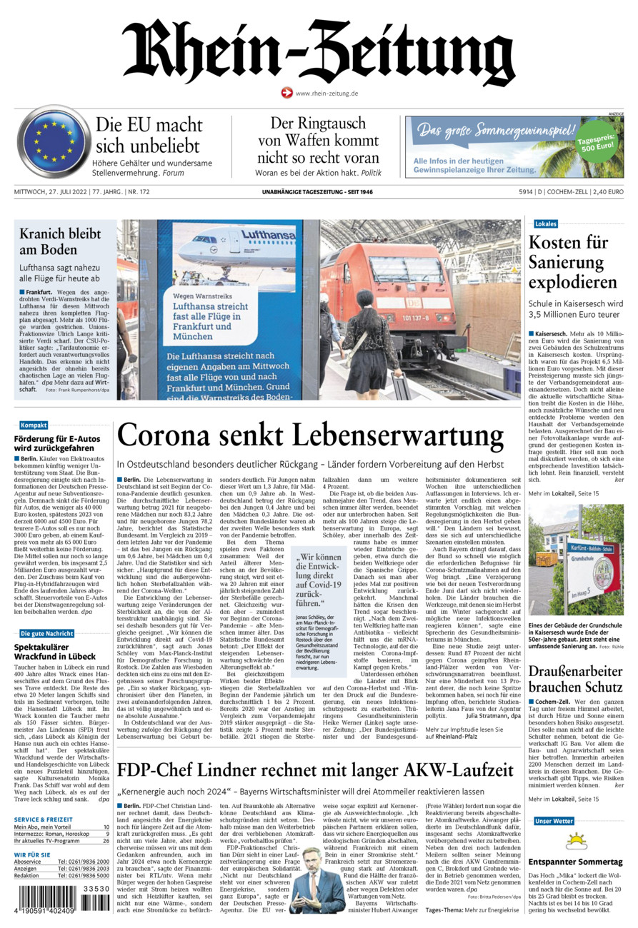 Rhein-Zeitung Kreis Cochem-Zell vom Mittwoch, 27.07.2022