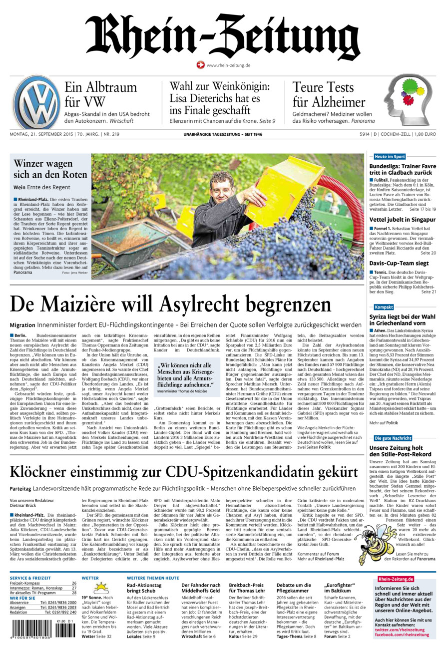 Rhein-Zeitung Kreis Cochem-Zell vom Montag, 21.09.2015