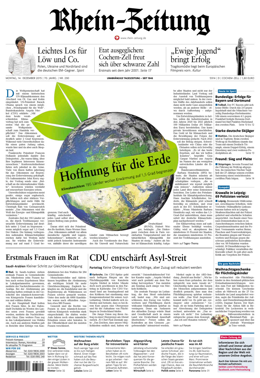 Rhein-Zeitung Kreis Cochem-Zell vom Montag, 14.12.2015