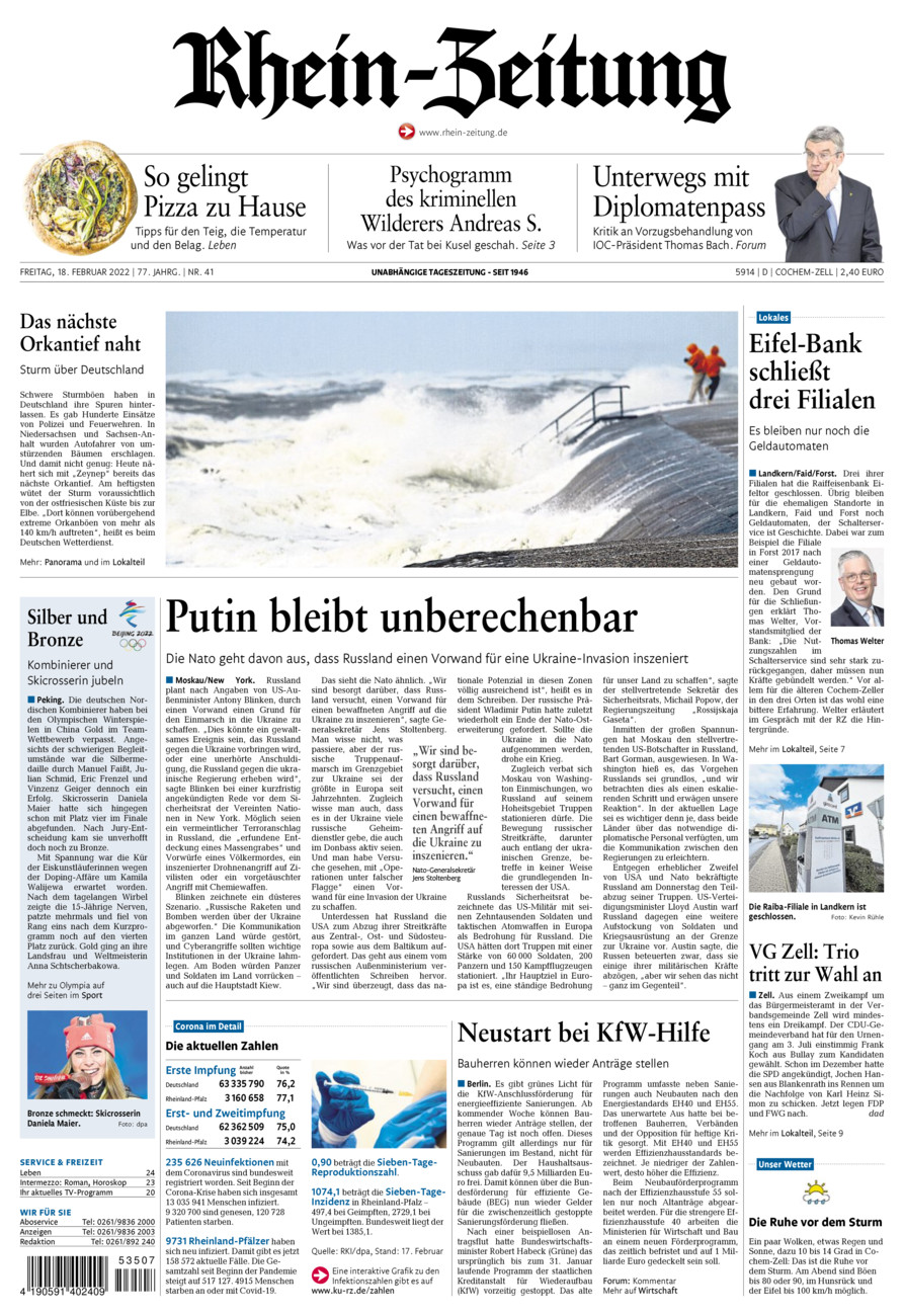 Rhein-Zeitung Kreis Cochem-Zell vom Freitag, 18.02.2022