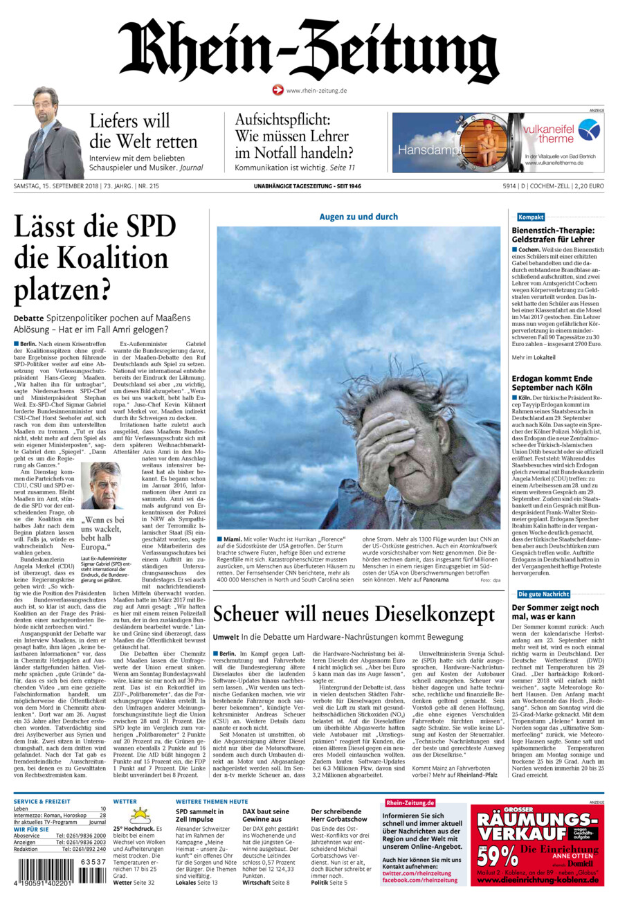 Rhein-Zeitung Kreis Cochem-Zell vom Samstag, 15.09.2018