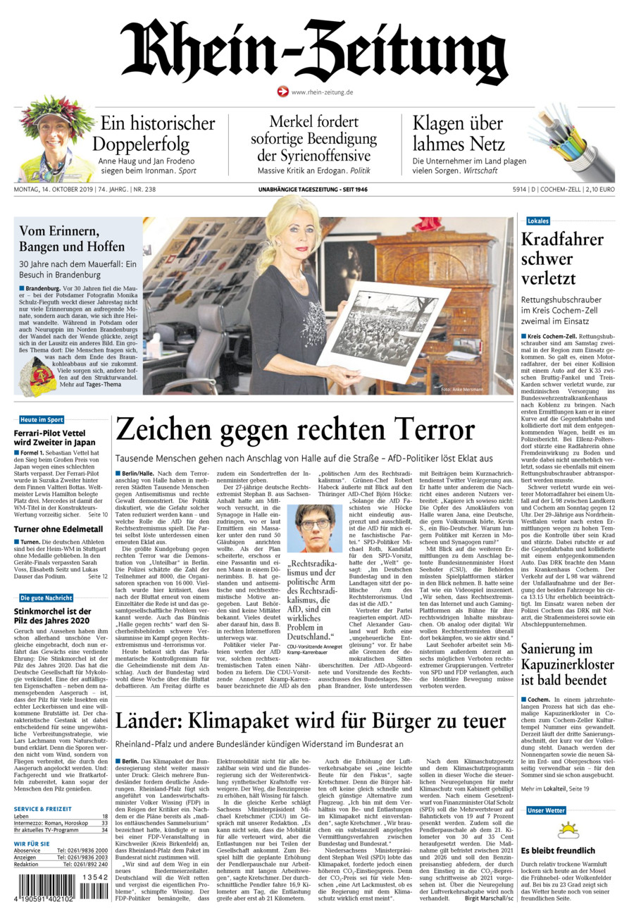 Rhein-Zeitung Kreis Cochem-Zell vom Montag, 14.10.2019
