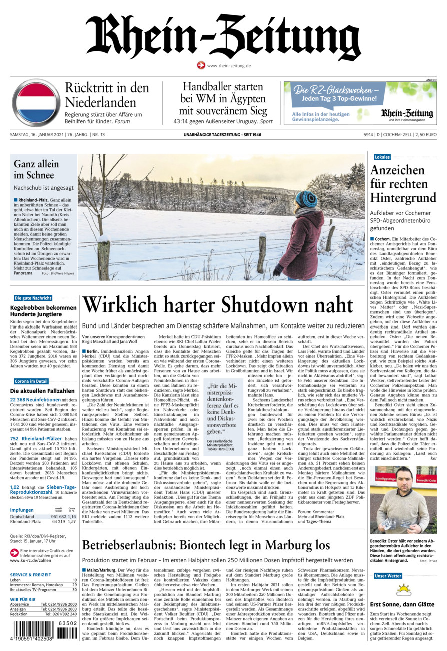 Rhein-Zeitung Kreis Cochem-Zell vom Samstag, 16.01.2021