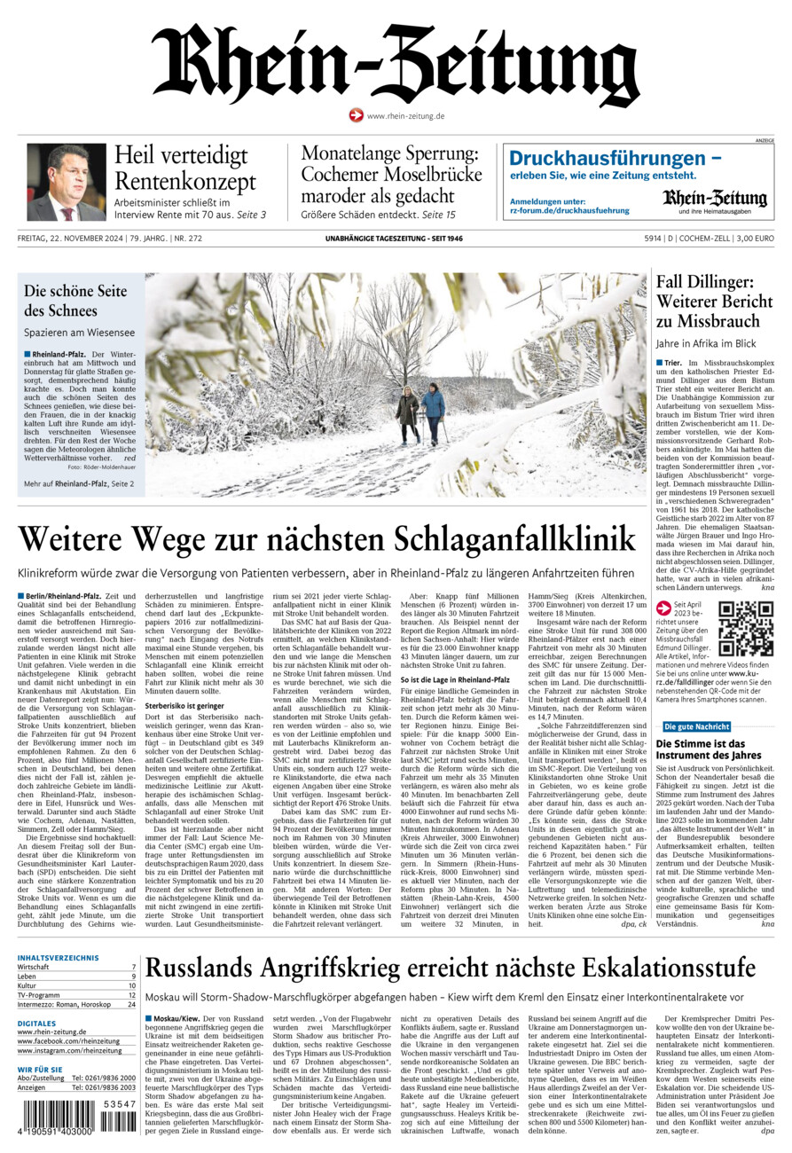 Rhein-Zeitung Kreis Cochem-Zell vom Freitag, 22.11.2024