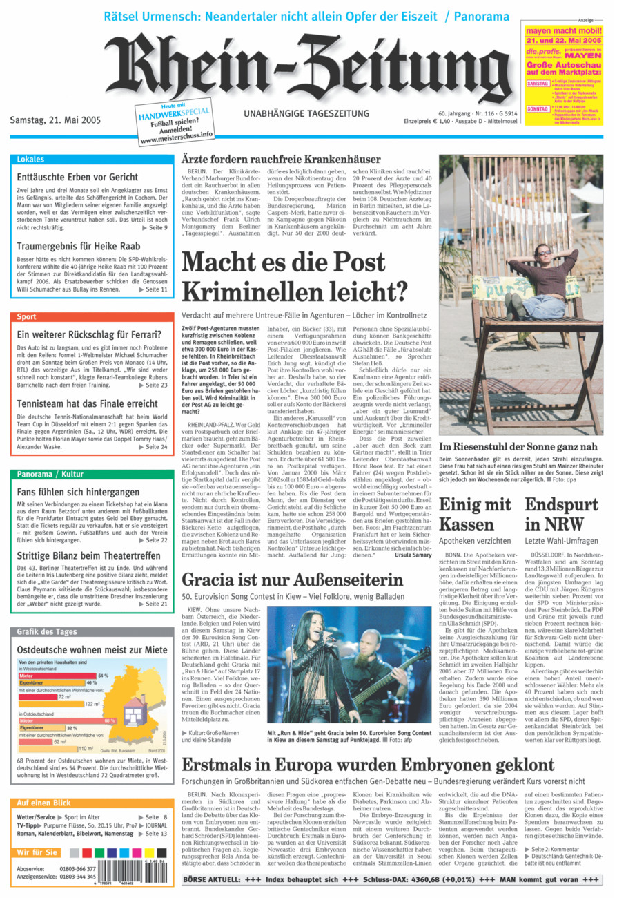 Rhein-Zeitung Kreis Cochem-Zell vom Samstag, 21.05.2005
