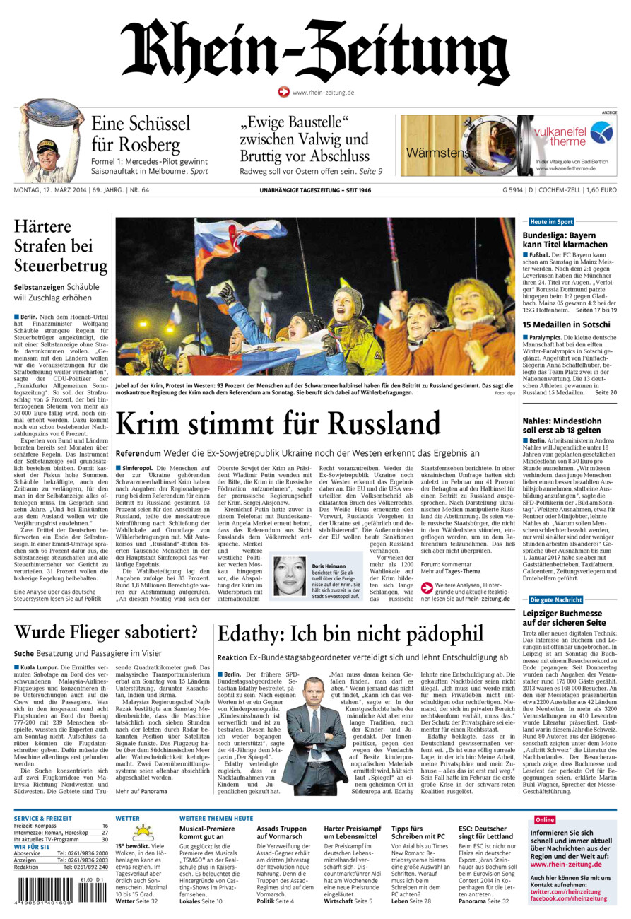 Rhein-Zeitung Kreis Cochem-Zell vom Montag, 17.03.2014