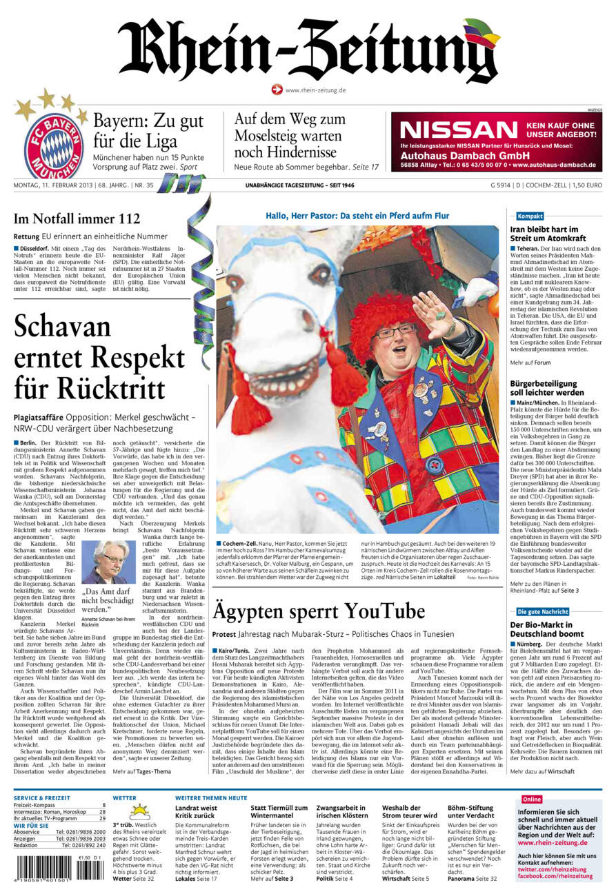 Rhein-Zeitung Kreis Cochem-Zell vom Montag, 11.02.2013