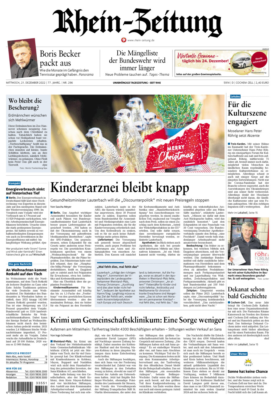 Rhein-Zeitung Kreis Cochem-Zell vom Mittwoch, 21.12.2022