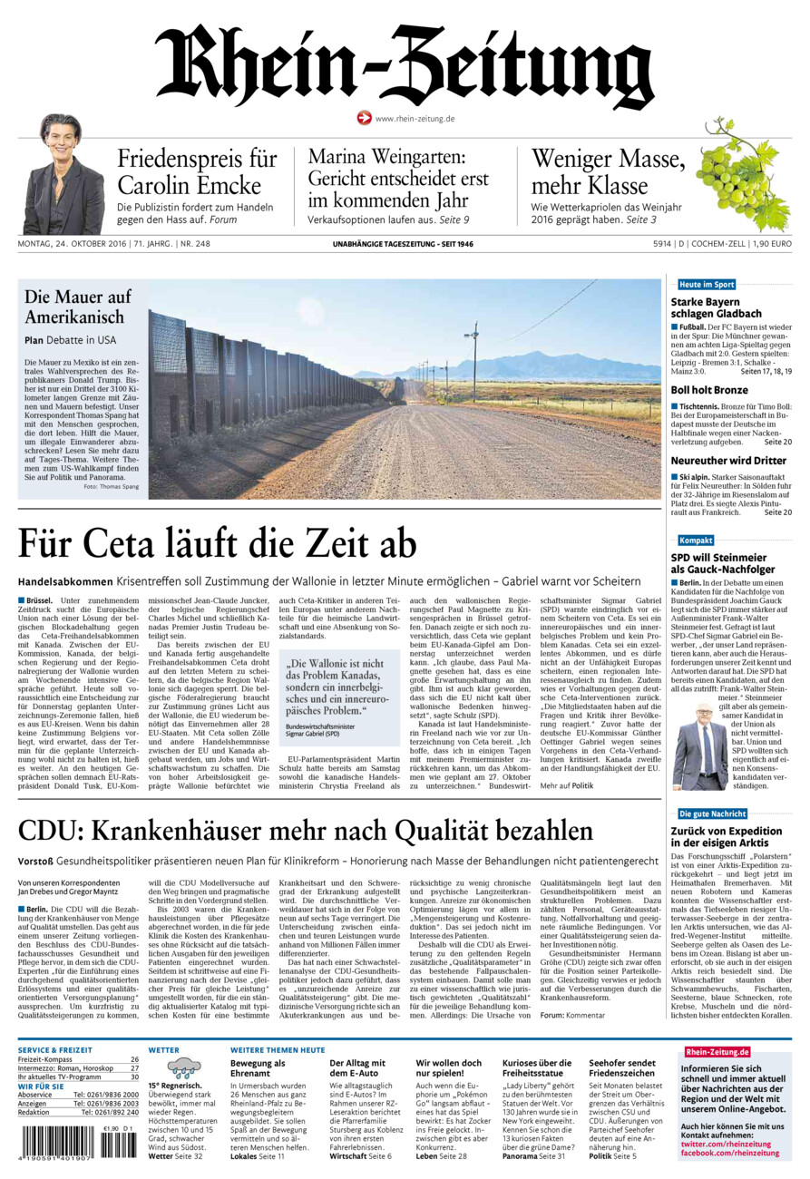 Rhein-Zeitung Kreis Cochem-Zell vom Montag, 24.10.2016