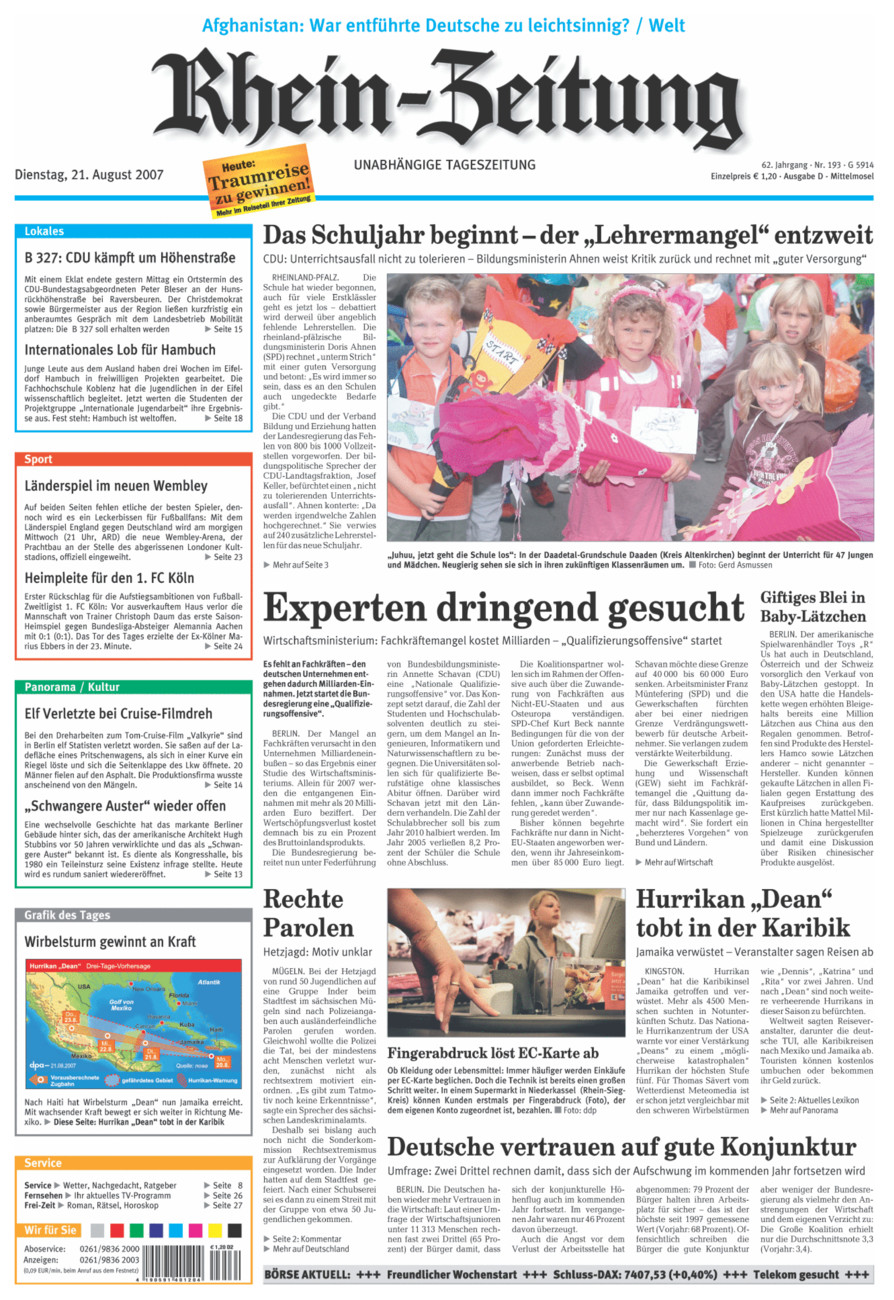 Rhein-Zeitung Kreis Cochem-Zell vom Dienstag, 21.08.2007