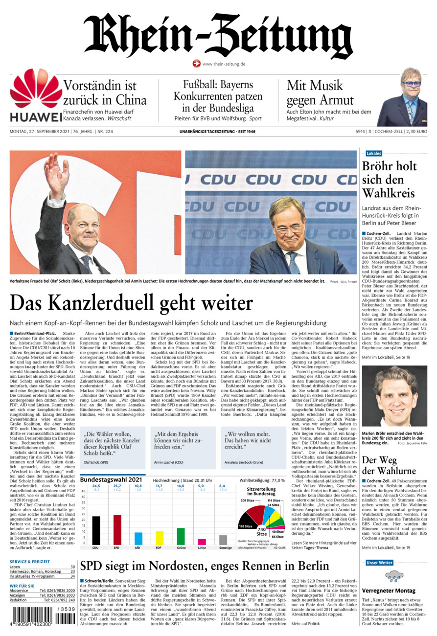 Rhein-Zeitung Kreis Cochem-Zell vom Montag, 27.09.2021