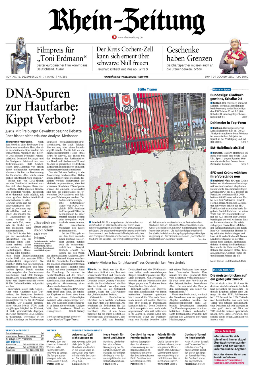 Rhein-Zeitung Kreis Cochem-Zell vom Montag, 12.12.2016