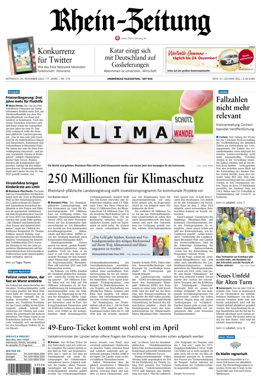 Rhein-Zeitung Kreis Cochem-Zell vom Mittwoch, 30.11.2022
