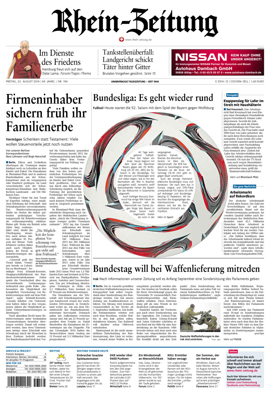 Rhein-Zeitung Kreis Cochem-Zell vom Freitag, 22.08.2014