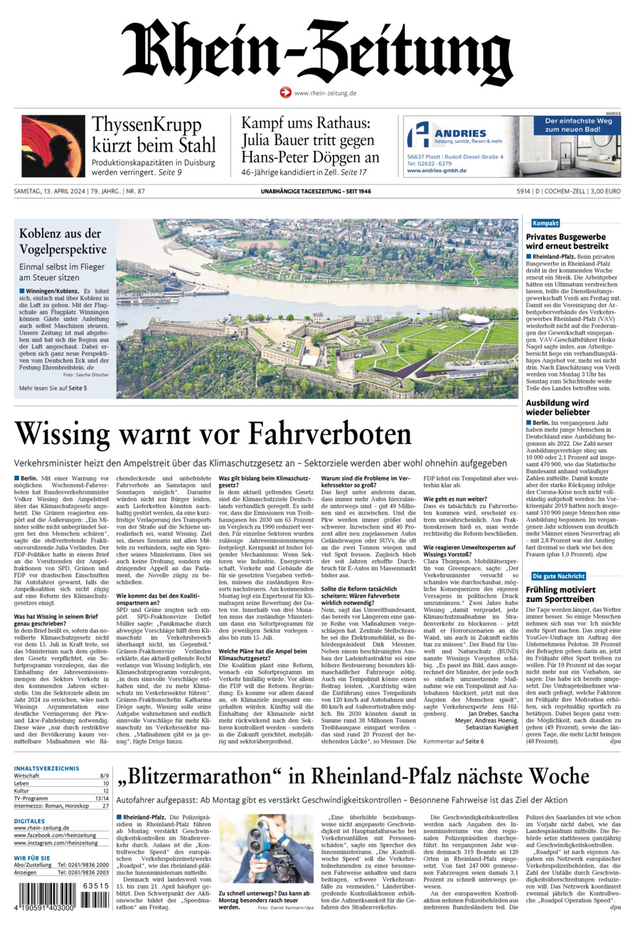 Rhein-Zeitung Kreis Cochem-Zell vom Samstag, 13.04.2024