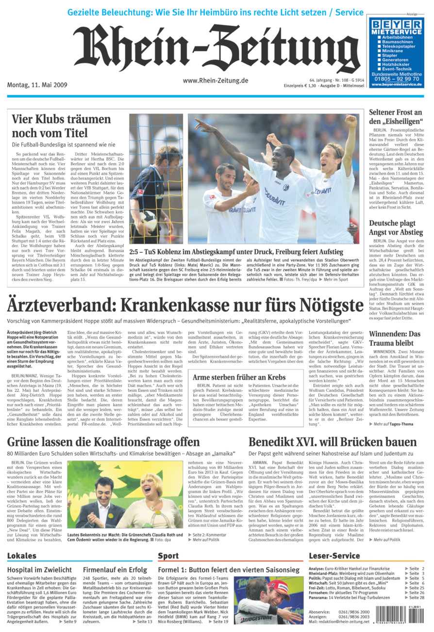 Rhein-Zeitung Kreis Cochem-Zell vom Montag, 11.05.2009