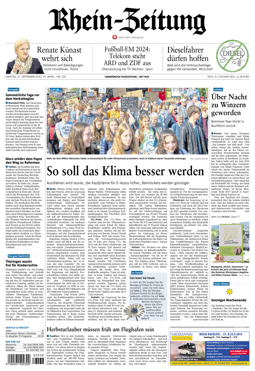 Rhein-Zeitung Kreis Cochem-Zell vom Samstag, 21.09.2019