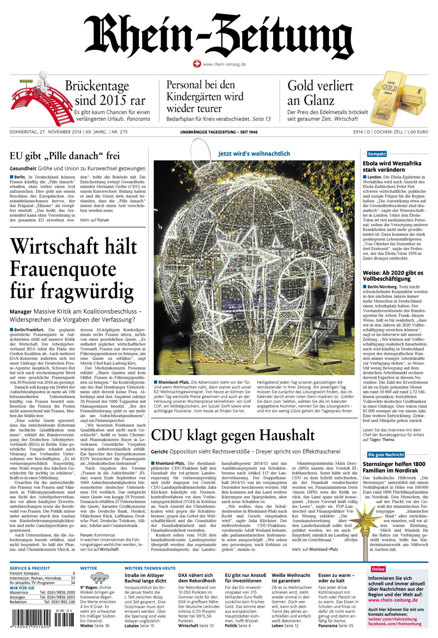 Rhein-Zeitung Kreis Cochem-Zell vom Donnerstag, 27.11.2014