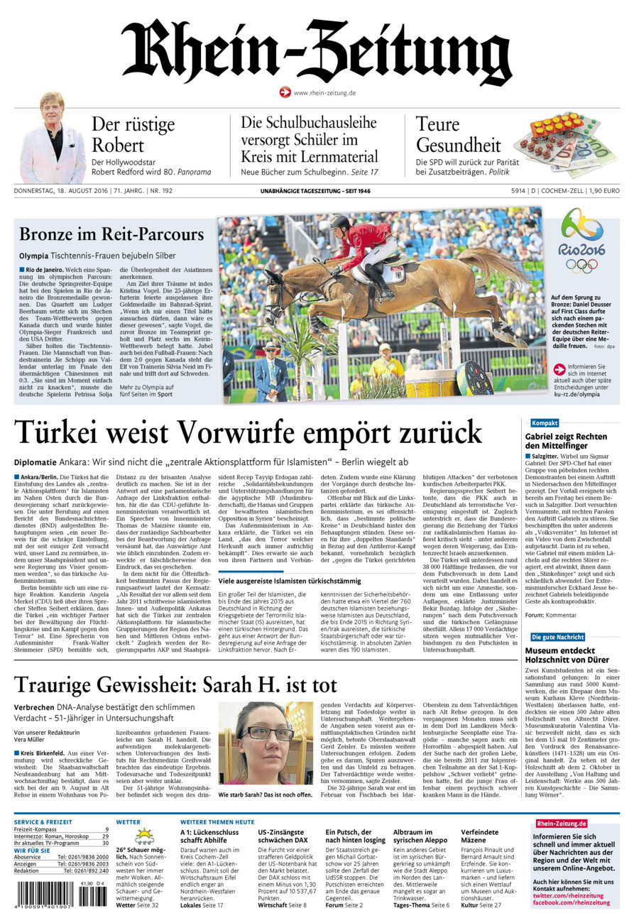 Rhein-Zeitung Kreis Cochem-Zell vom Donnerstag, 18.08.2016