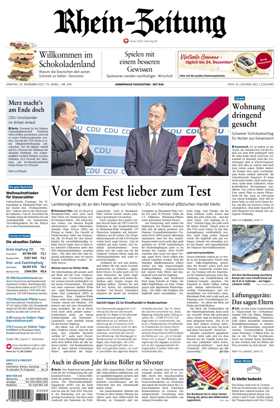 Rhein-Zeitung Kreis Cochem-Zell vom Samstag, 18.12.2021