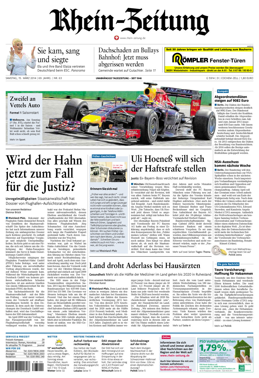 Rhein-Zeitung Kreis Cochem-Zell vom Samstag, 15.03.2014