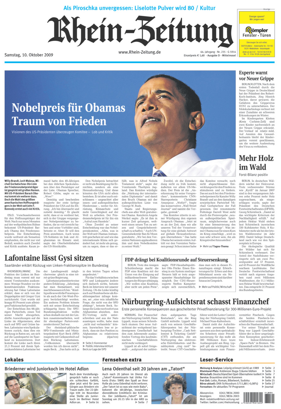 Rhein-Zeitung Kreis Cochem-Zell vom Samstag, 10.10.2009