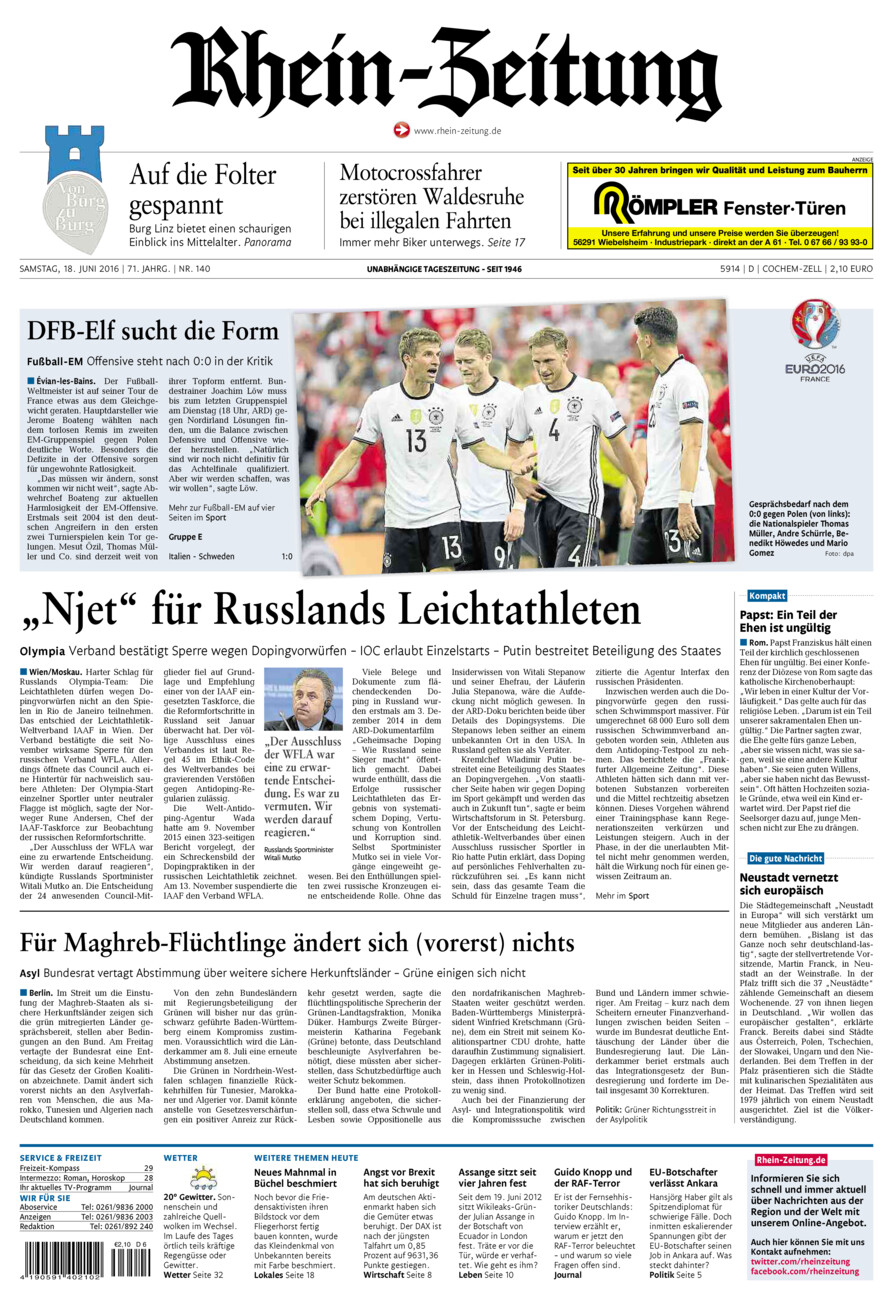 Rhein-Zeitung Kreis Cochem-Zell vom Samstag, 18.06.2016
